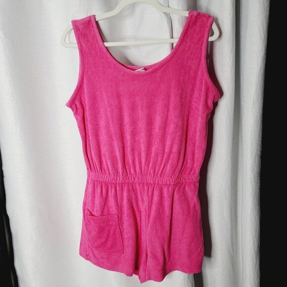 Vintage Pants - Vintage 70s Barbiecore Hot Pink Terry Cloth Romper